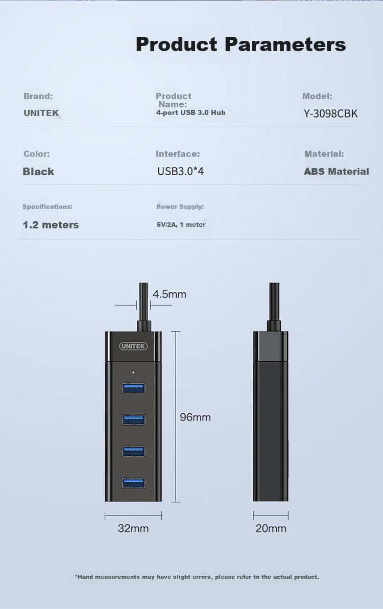USB 3.0 концентратор UNITEK Y-3098CBK с блоком питания, 4 порта, черный, 1.2 метра