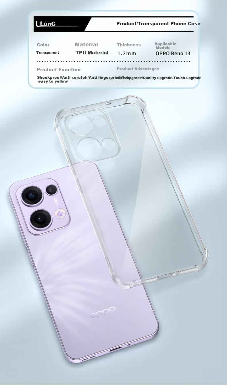 Чехол для телефона LLUNC для OPPO Reno13, противоударный, с защитой камеры, ультратонкий TPU, полностью прозрачный, мягкий, ощущение голого телефона, защита от падений, внешний воздушный амортизатор