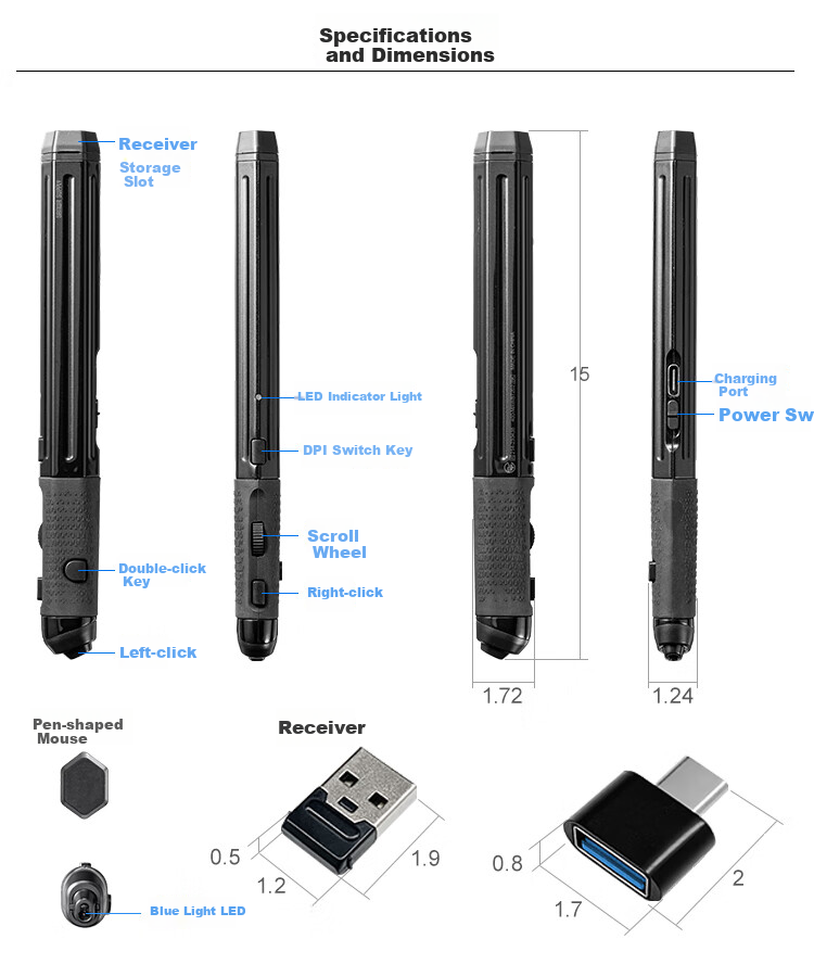 Беспроводная мышь SANWA Pen-Shaped Mouse, Bluetooth, 2.4GHz, перезаряжаемая, Type-C, черная