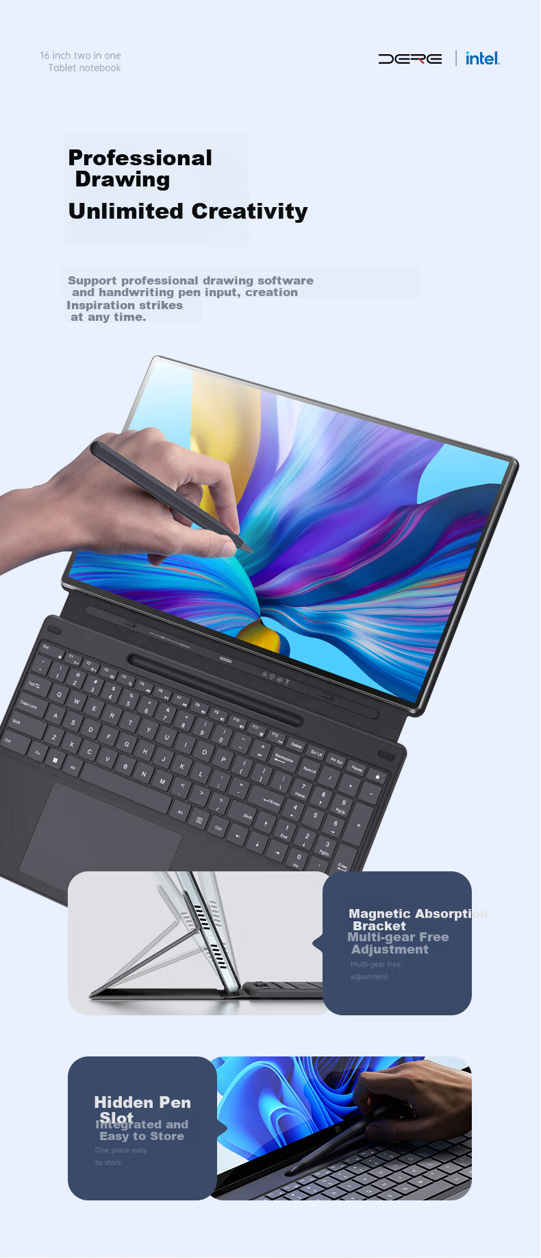 Ноутбук-трансформер Dere Lingyao N150, 16-дюймовый сенсорный экран, Intel Core, 16 ГБ ОЗУ, 1 ТБ SSD, Windows 11, Серый