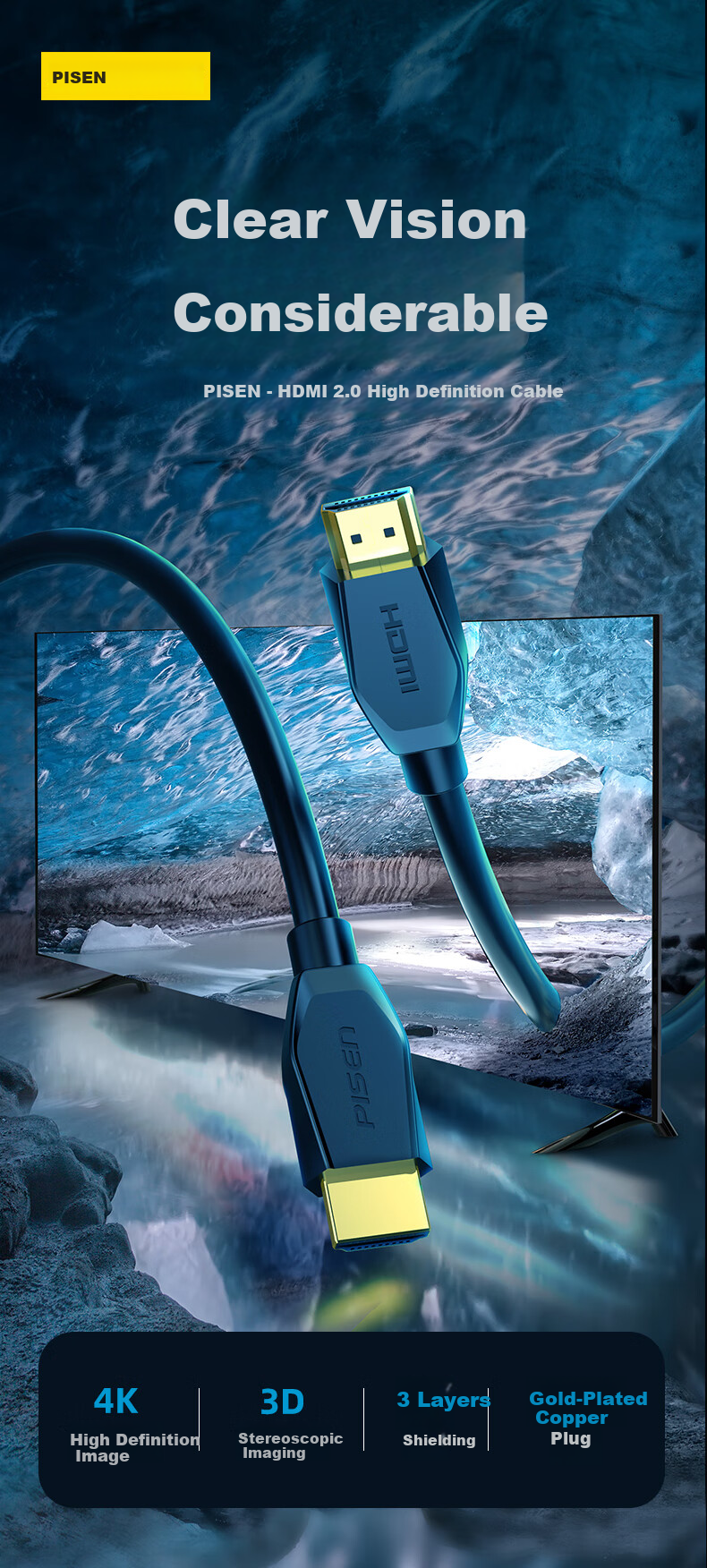 Кабель Pisen HDMI 2.0, 4K, 1 метр, для проекторов, ноутбуков, телевизоров, приставки