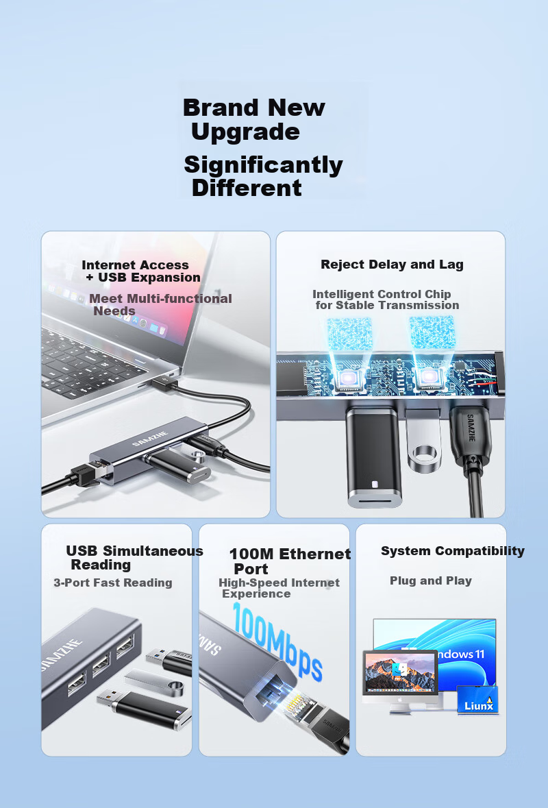 USB-хаб SAMZHE UWH14-S с портом Ethernet RJ45, 3 порта USB 2.0, 100 Мбит/с, для ноутбуков и настольных компьютеров