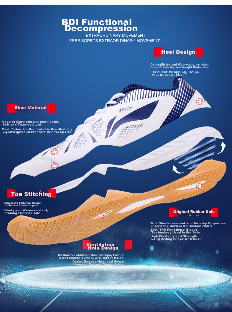 Кроссовки для настольного тенниса Li-Ning APTT017-12/APTT018-12, унисекс, дышащие, нескользящие, для тренировок, белые с синим, размер 40