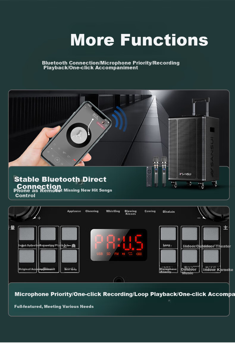 Портативная акустика SANSUI E08, караоке, Bluetooth, 150 Вт, с двумя микрофонами, черный
