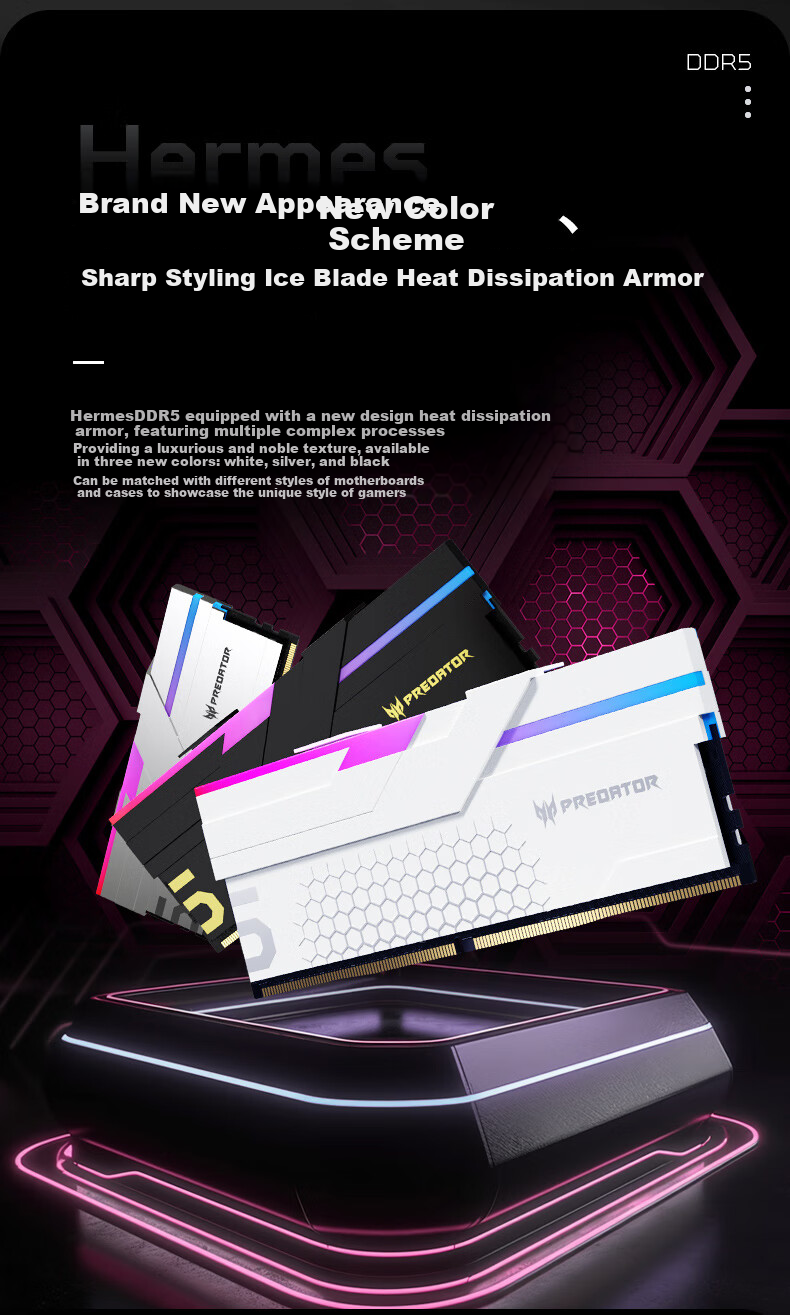 Оперативная память PREDATOR Hermes Ice Blade DDR5, 32GB (2x16GB) Kit, 6000MHz, CL28, RGB подсветка, Stone Black