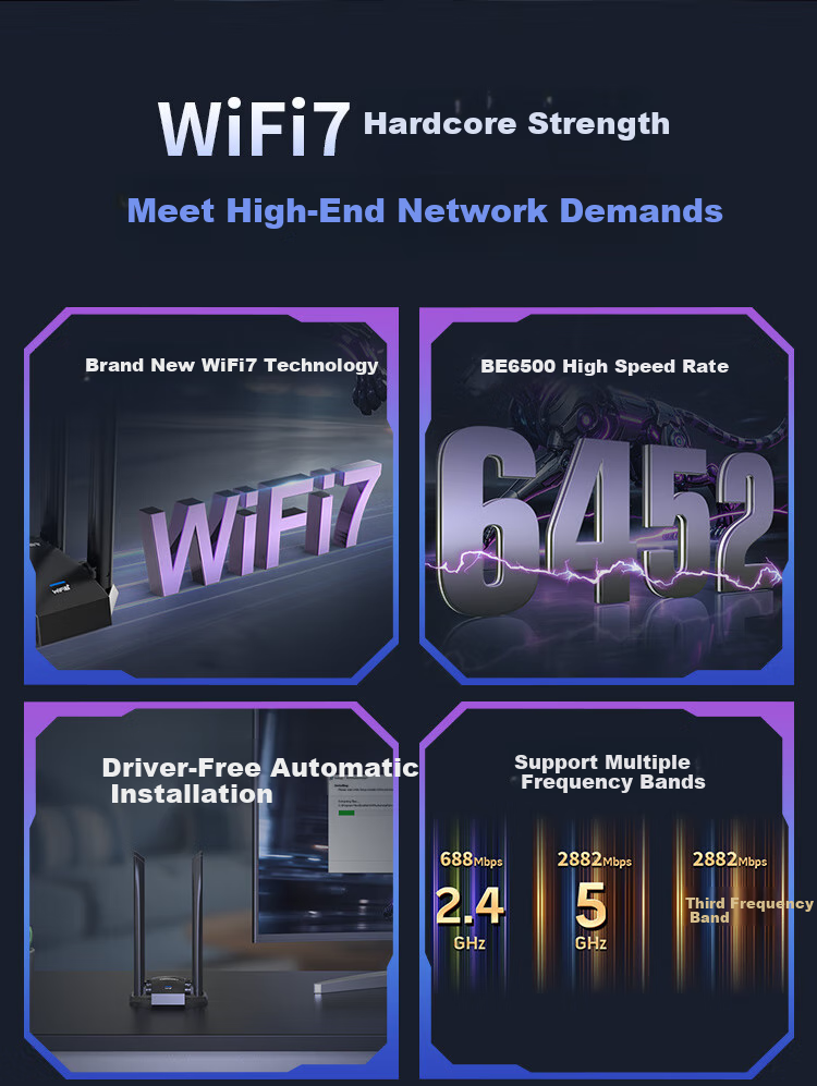 Wi-Fi 7 адаптер COMFAST CF-985BE, 5Ghz, USB 3.0, внешний, 6500 Мбит/с, для настольных ПК и ноутбуков