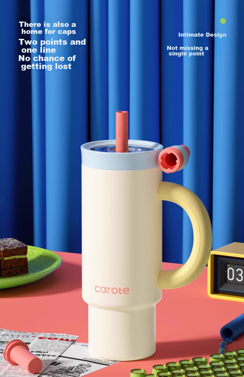 Термокружка CaROTE Giant Straw Insulated Cup, 1050 мл, морская соль и сыр, с трубочкой