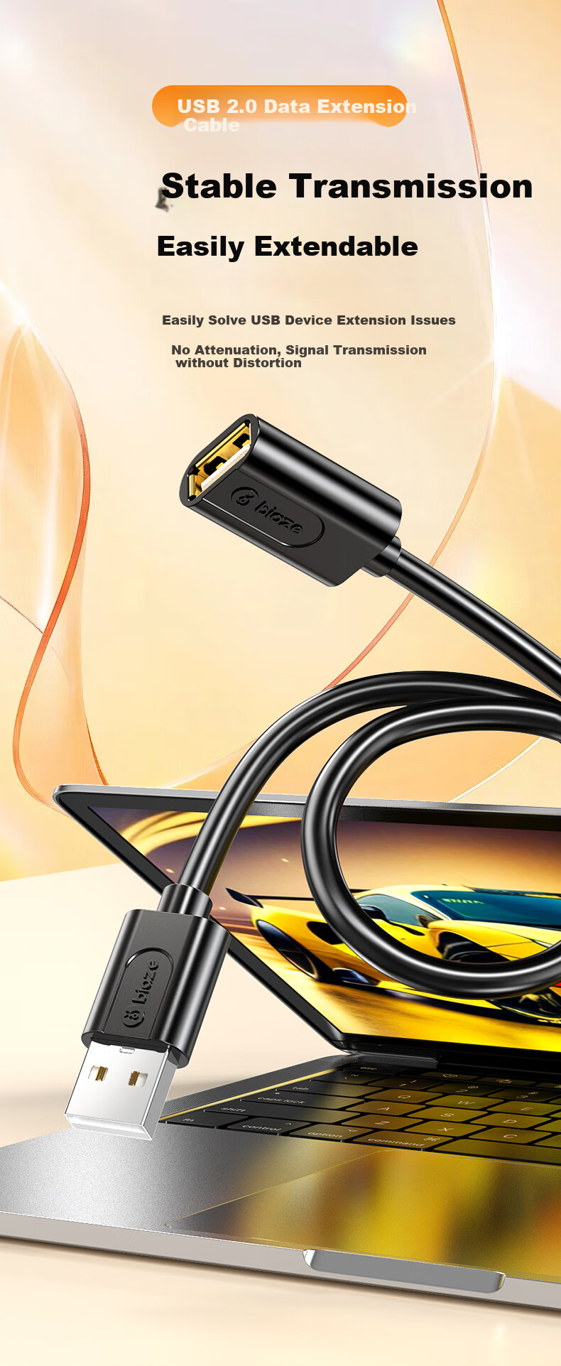 Кабель-удлинитель BIAZE USB 2.0, USB A (папа) - USB A (мама), 0.5 метра, черный