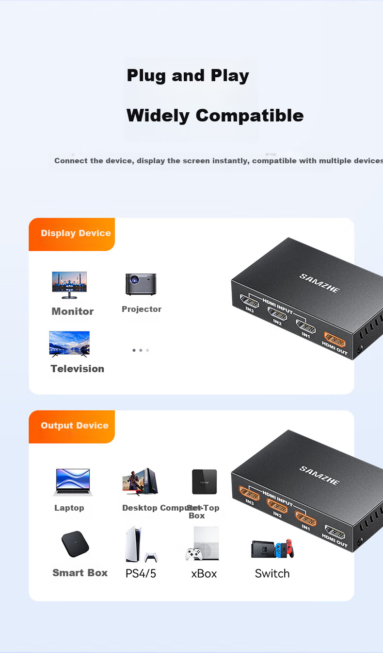 HDMI-переключатель SAMZHE QH33, 3 входа 1 выход, 4K HD, для компьютера, ТВ-приставки к монитору, проектору
