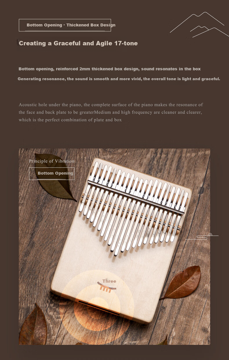 Калимба (Thumb Piano) Hluru, 17-клавишная, с нижним отверстием, из цельного массива дерева, материал - орех