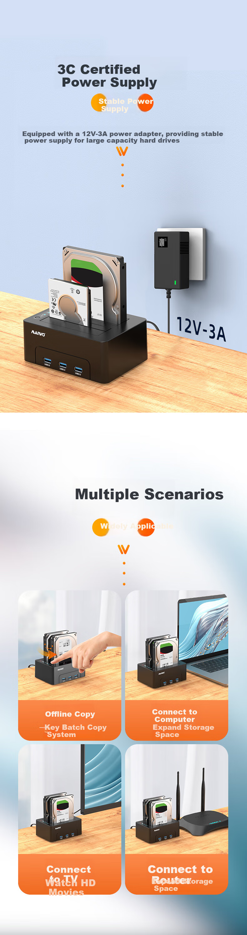 MAIWO K3082H док-станция для жестких дисков USB 3.0, внешний считыватель для 3.5/2.5-дюймовых механических/твердотельных накопителей, с USB-хабом, копир, черный