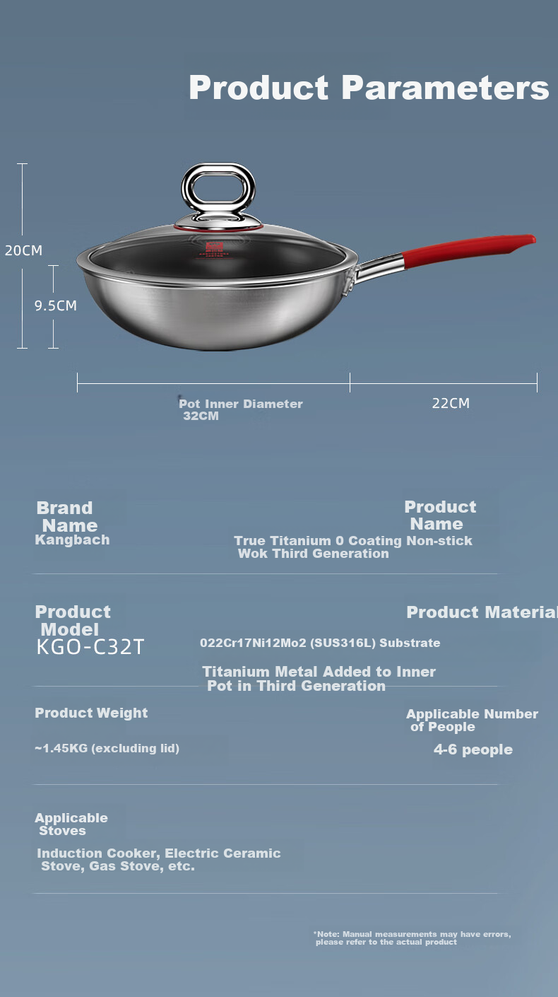 Сковорода-вок KOBACH Titanium, 32 см, с антипригарным покрытием, из нержавеющей стали 316L, для индукционных и газовых плит