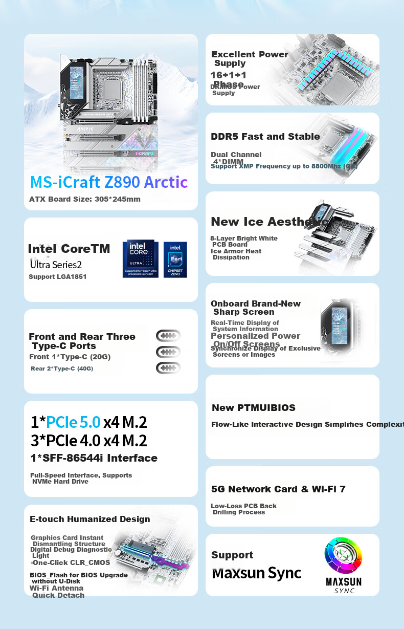 Материнская плата MAXSUN MS-iCraft Z890 Arctic, Z890/LGA 1851, DDR5, ATX