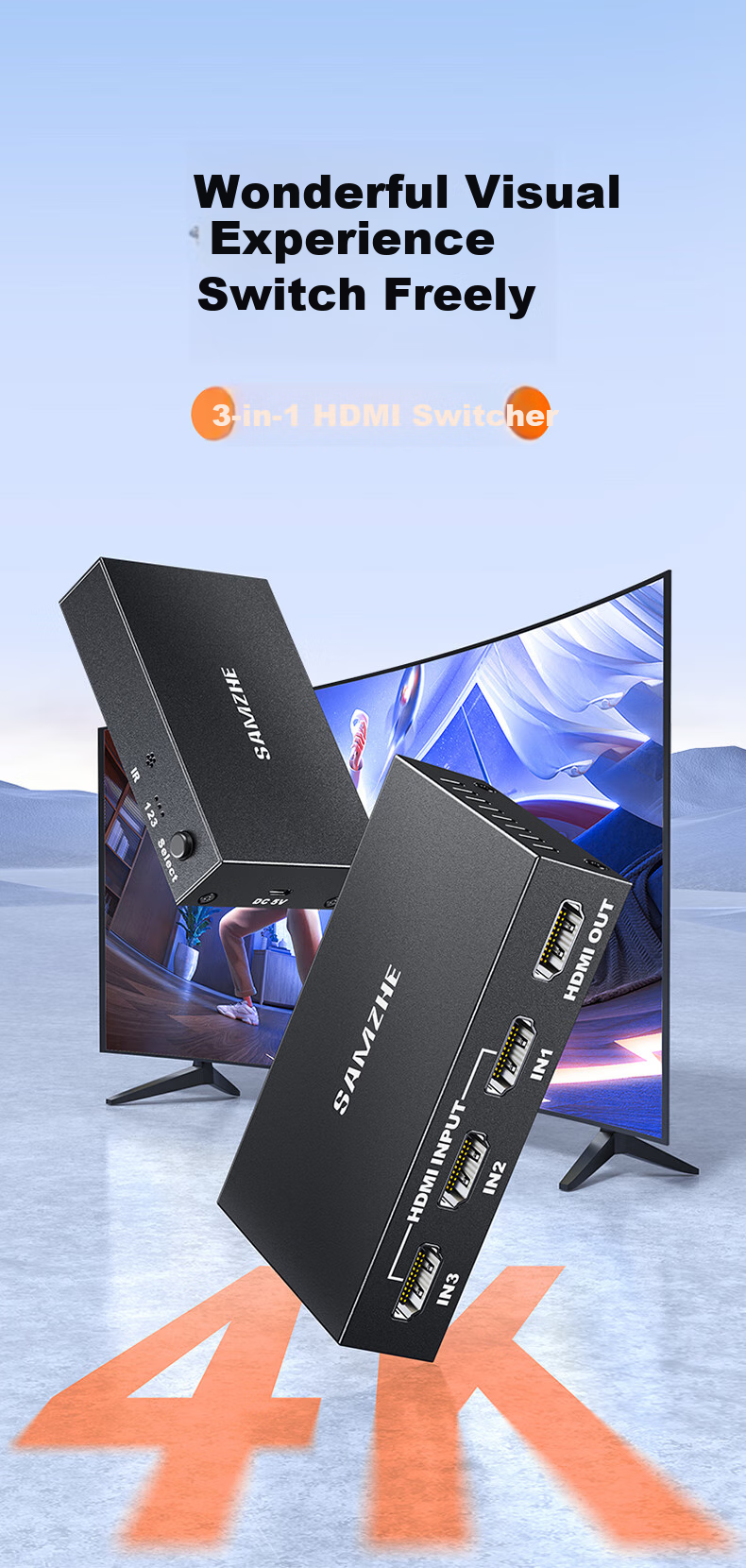 HDMI-переключатель SAMZHE QH33, 3 входа 1 выход, 4K HD, для компьютера, ТВ-приставки к монитору, проектору