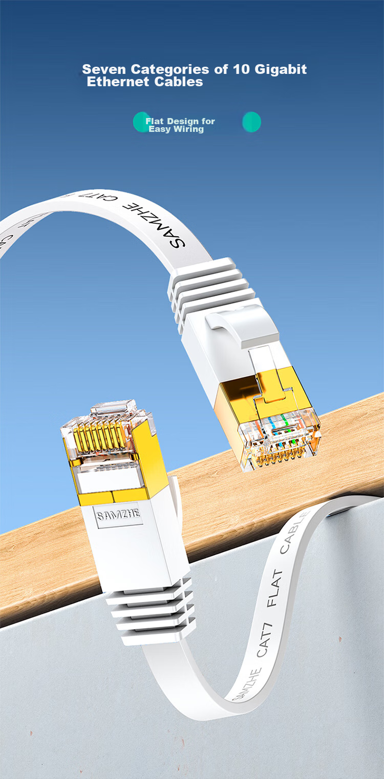 Сетевой кабель SAMZHE CAT7 Flat Pure Copper Shielded Ethernet Cable, 10 Gigabit Computer Broadband Home Patch Cord, Flat Cable, White 3 Meters CAT-703A