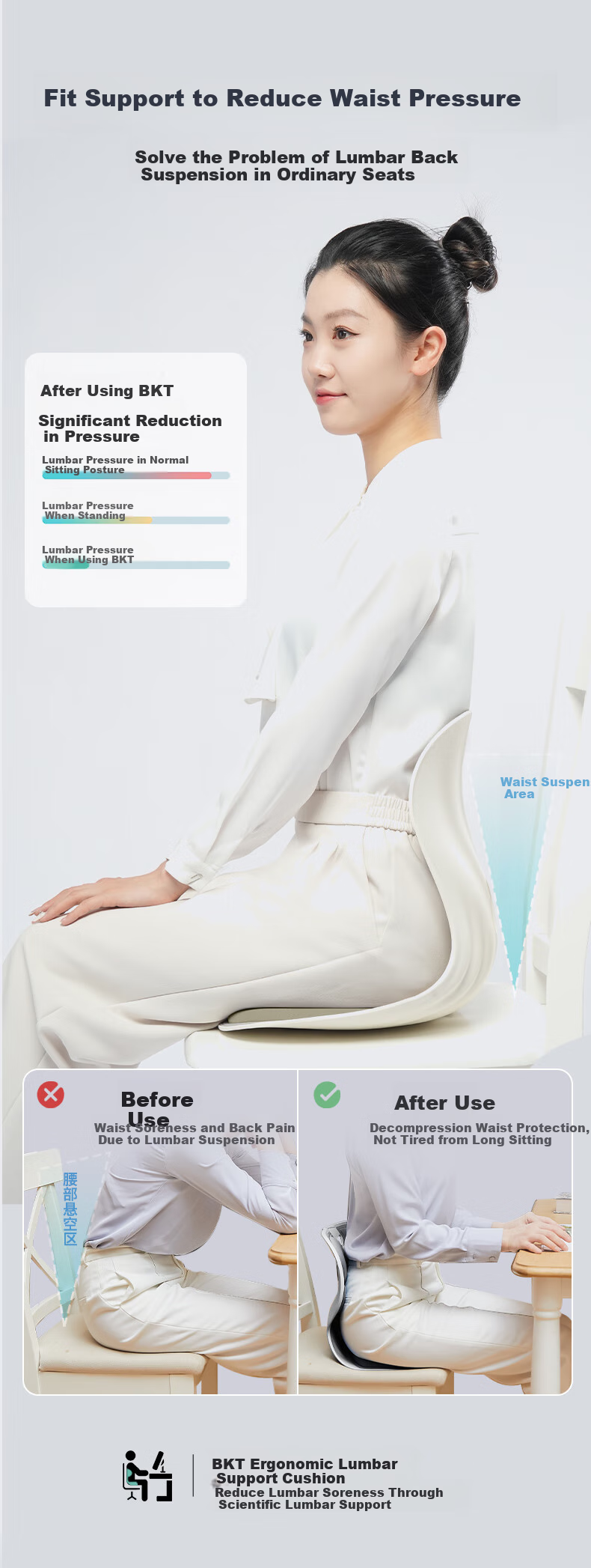 Подушка для спины BKT Lumbar Support Cushion, ортопедическая, для стула, офисная, эргономичная, 35x90 см, цвет: зеленый