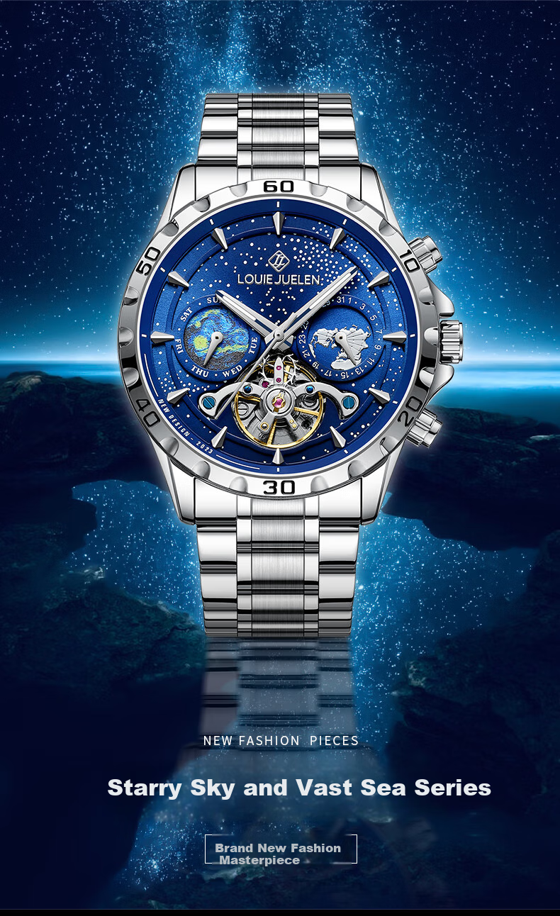 LOUIE JUELEN Starry Sea Мужские механические часы с автоподзаводом, скелетон, Подарок на Рождество