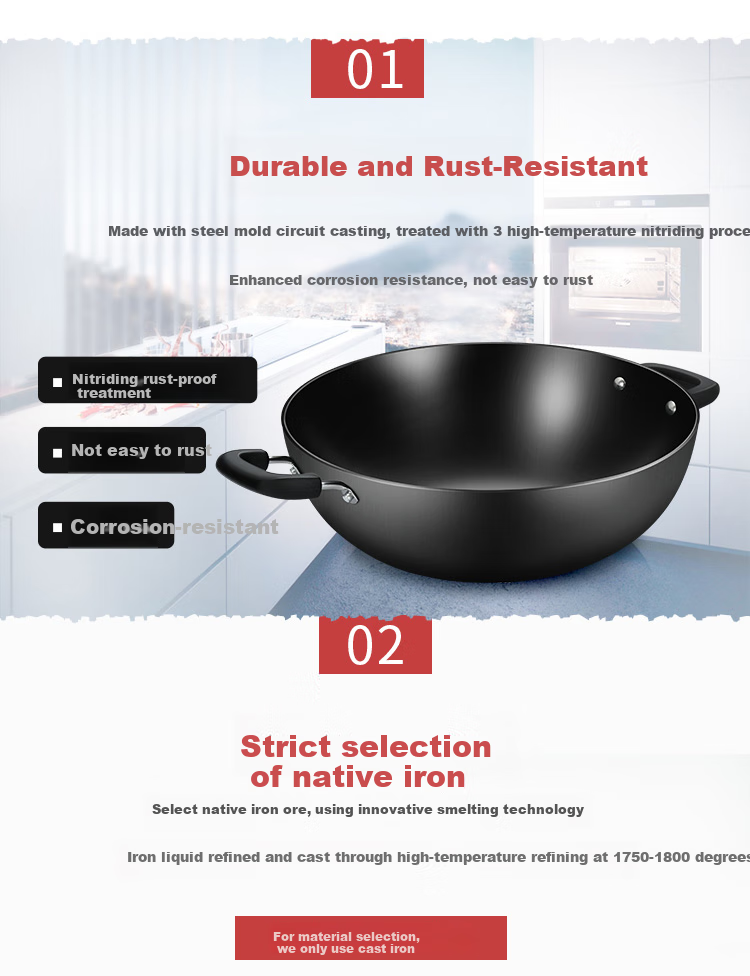 Чугунный вок COOKER KING C40D2, 40см, без покрытия, с двумя ручками, для индукционных плит