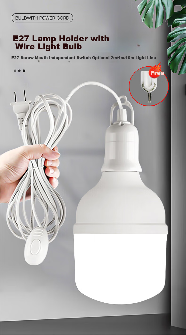 LED Лампа "Huanse" E27, 40 Вт, 7000K, с кабелем 2 метра и выключателем, подвесная, белый свет