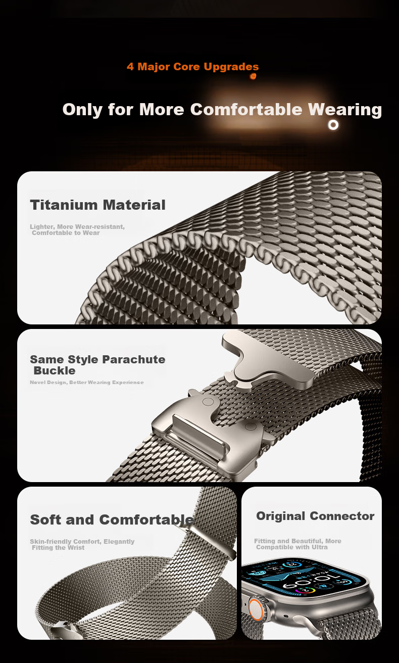 Ремешок BHO для Apple Watch Milanese Loop из титана с парашютной застежкой, совместим с моделями S11/Ultra3, S10/9/8/7/SE3