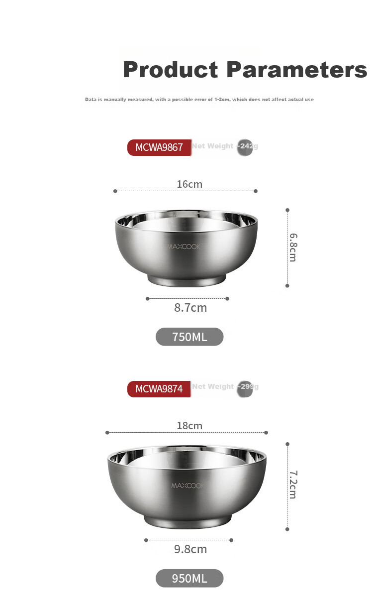 MAXCOOK Миска из нержавеющей стали 316L, двойная, с изоляцией, 20 см, MCWA9881