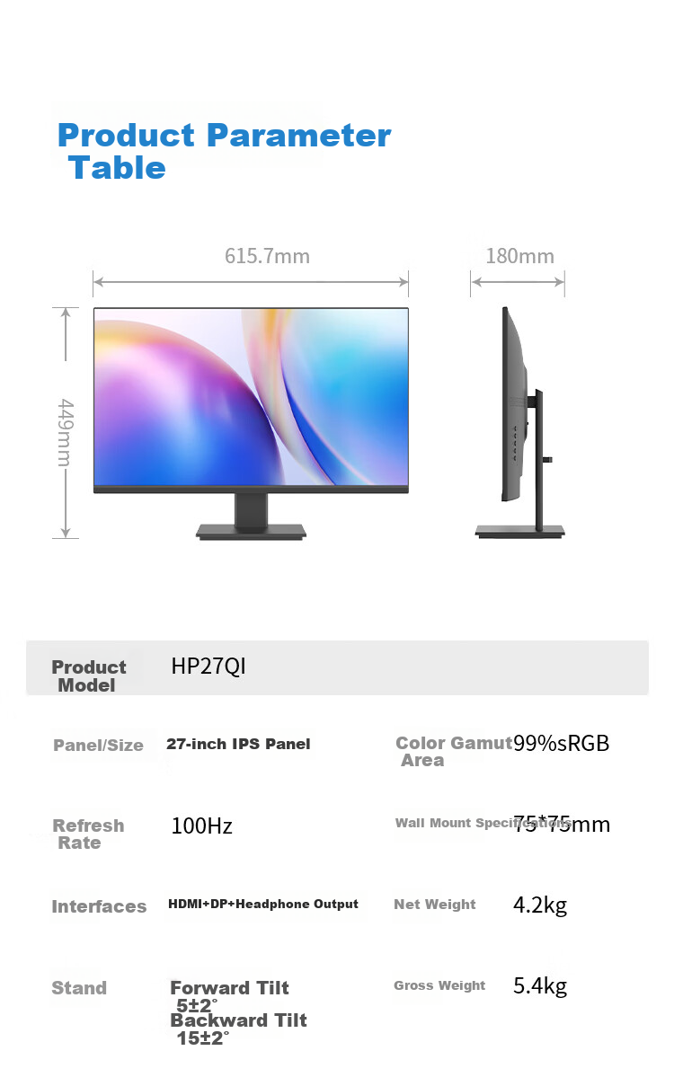 Монитор HPC HP27QI 27 дюймов, 2K (2560x1440), IPS, 100 Гц, 99% SRGB, низкий синий свет, узкая рамка, настольный или настенный