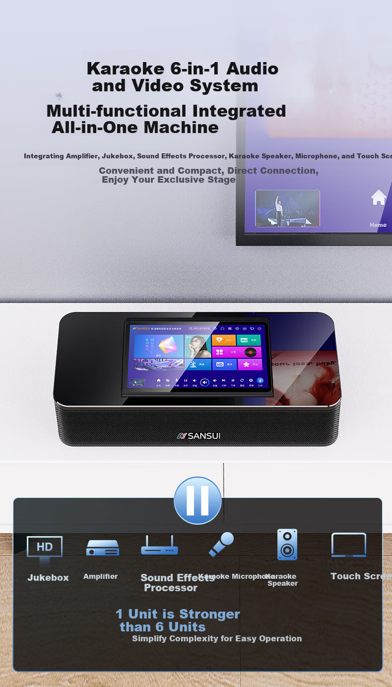 SANSUI 96H Умная домашняя караоке-система, портативная колонка с Bluetooth, Wi-Fi, HDMI, USB, оптическим и AUX входами, 14.1-дюймовый сенсорный экран, 500 ГБ памяти, 2 микрофона