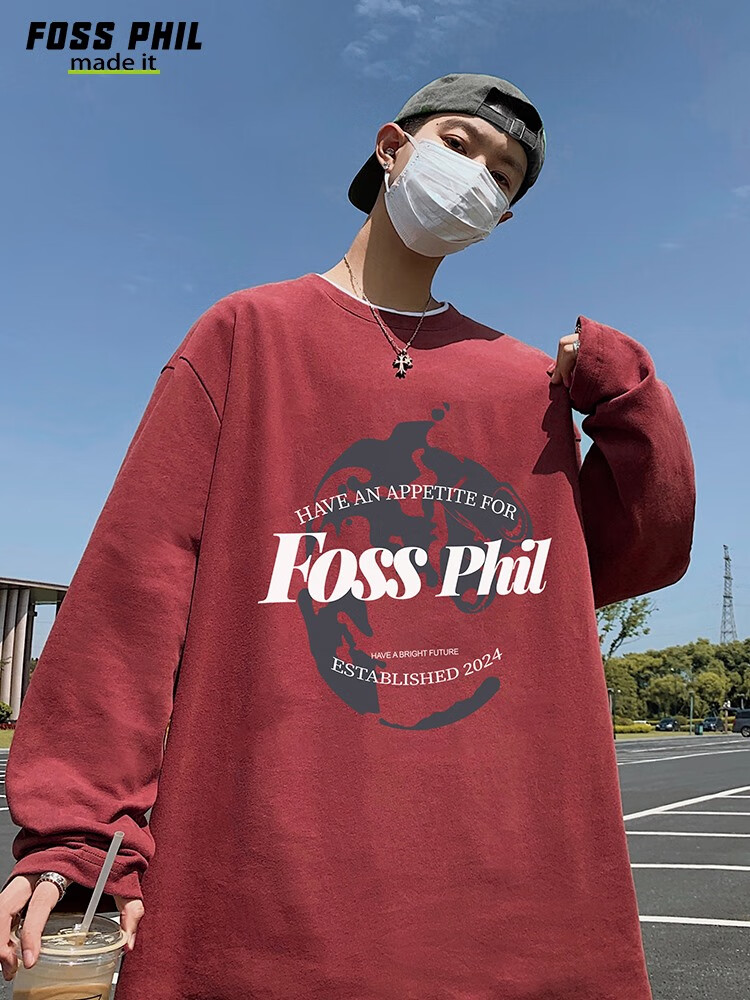 Футболка с длинным рукавом Foss Phil из чистого хлопка для мужчин, трендовая повседневная футболка оверсайз на осень, унисекс, с круглым вырезом, FPCT3, черная, XL