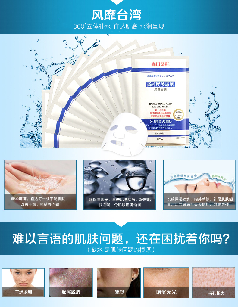 森田药妆（DR.MORITA）高纯度玻尿酸润泽面膜10片 玻尿酸 淡化细纹 改善粗糙 护肤礼物