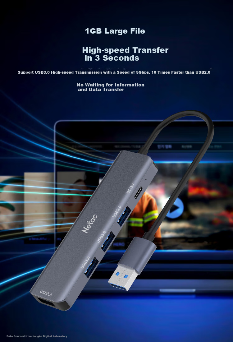 USB-хаб Netac WH21, 5 портов USB 3.0, алюминиевый сплав, серый