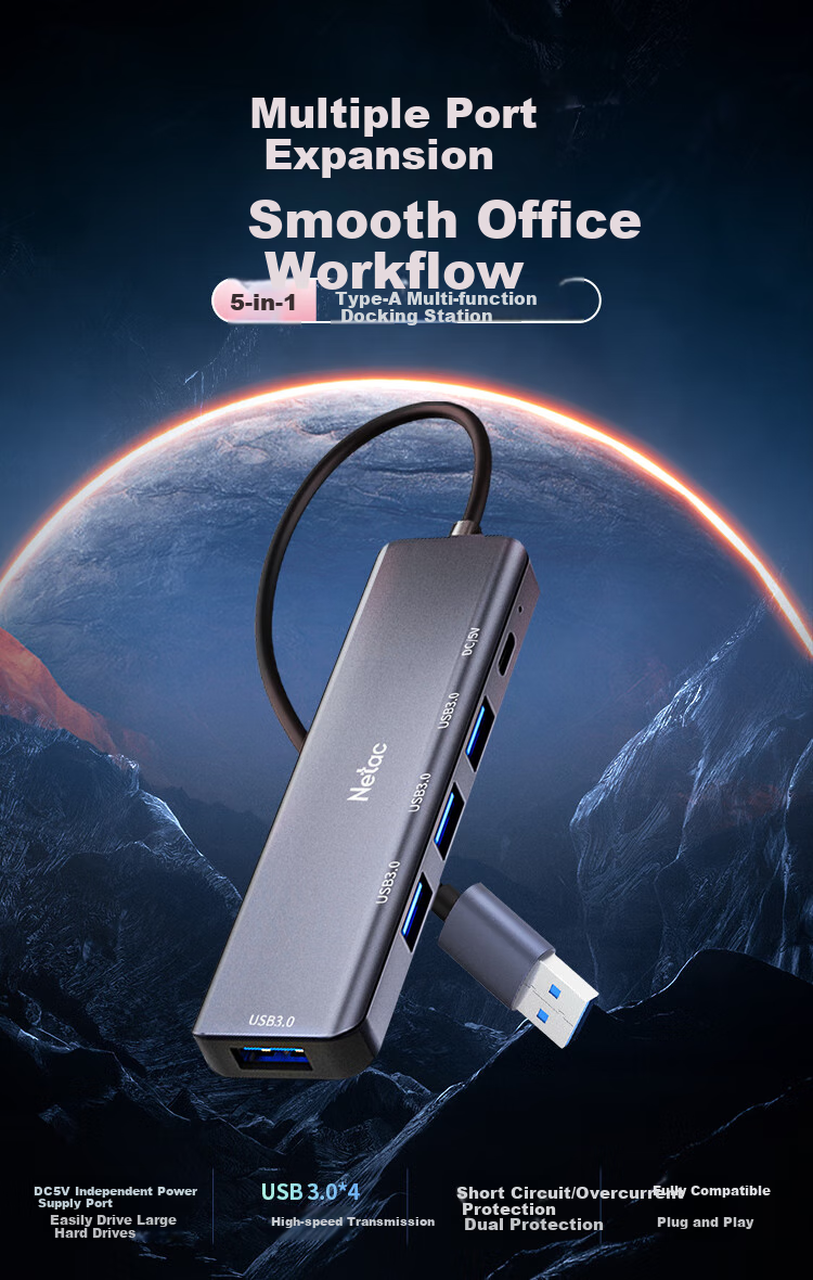 USB-хаб Netac WH21, 5 портов USB 3.0, алюминиевый сплав, серый