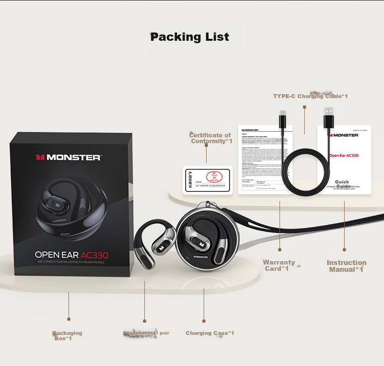 Monster AC330 Open-Ear Bluetooth Headphones, беспроводные наушники с шумоподавлением, золотистый