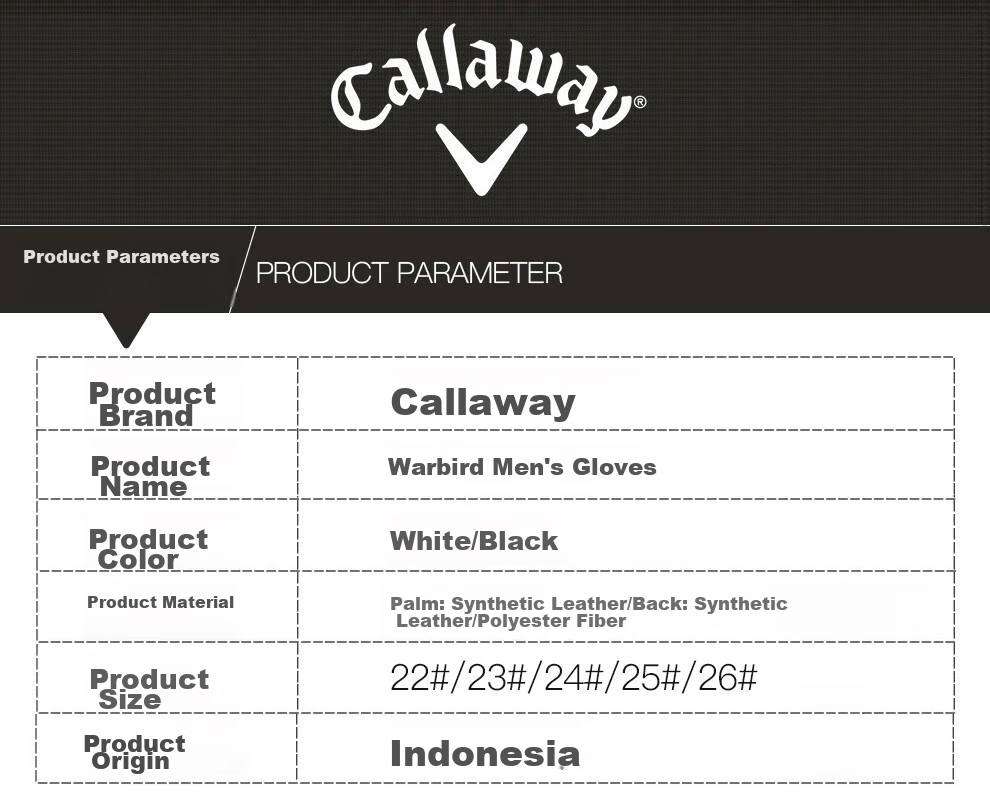 Перчатки для гольфа Callaway Warbird, мужские, размер 23, белые, левая рука