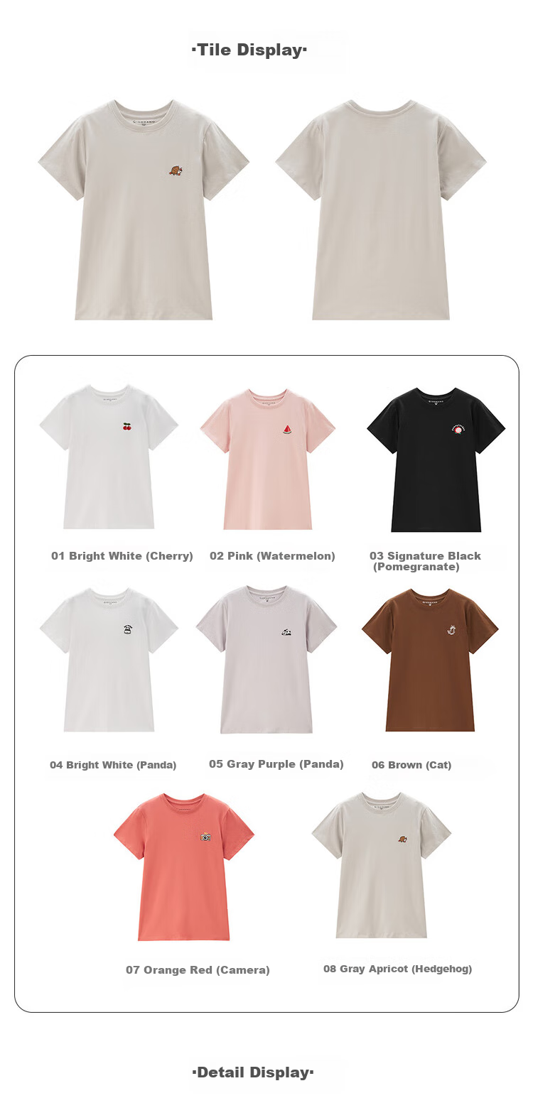 Женская футболка Giordano с коротким рукавом, летняя хлопковая футболка с небольшой вышивкой, круглый вырез, повседневный топ