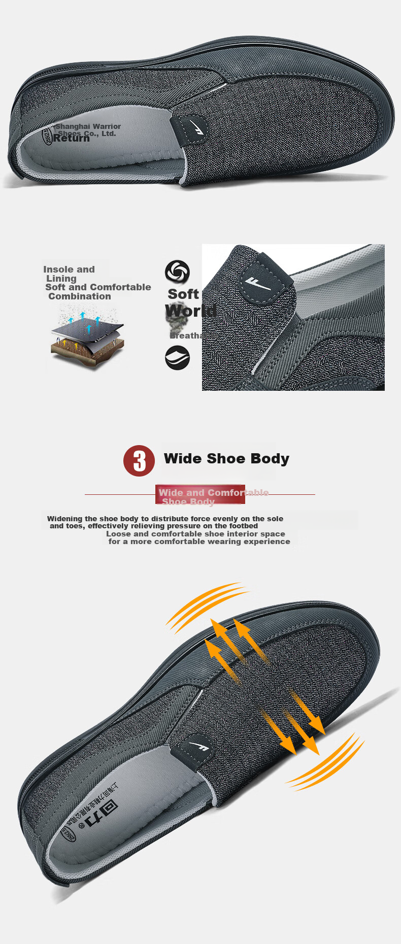 Кроссовки Warrior Official Slip-On Мужские, Осенние и Зимние Дышащие Папины Кроссовки, Обувь для Пожилых Людей, Повседневные Старопекинские Тканевые Кроссовки для Мужчин, Серые, Размер 42