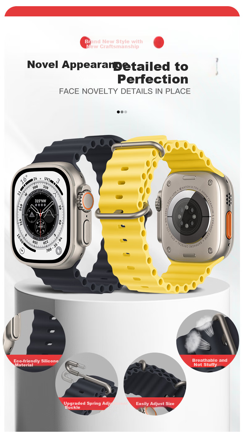 Ремешок BHO для Apple Watch Ocean Band, силиконовый, совместим с Apple Watch S11/S10/Ultra3, S9/8/7/6/5/4/SE3/2/1