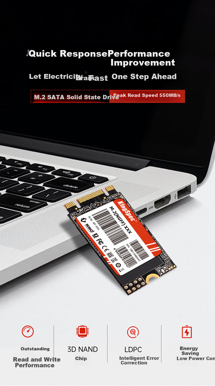 KingSpec 1TB SSD M.2 SATA NGFF 2242, скорость чтения 550 МБ/с, совместим с настольными ПК и ноутбуками