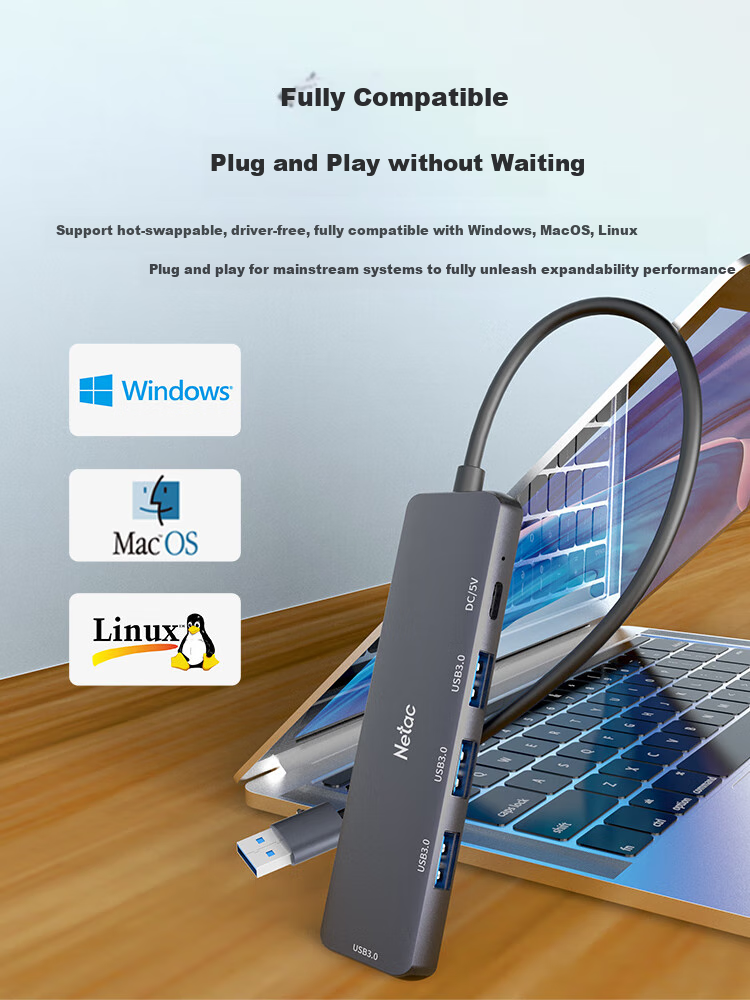 USB-хаб Netac WH21, 5 портов USB 3.0, алюминиевый сплав, серый
