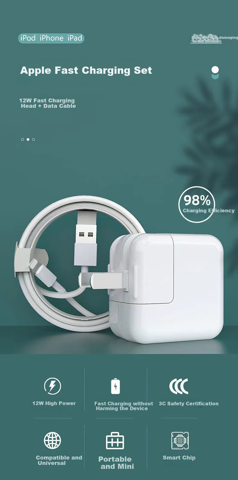 Зарядное устройство JOWOYE для Apple iPhone/iPad, 12 Вт, быстрая зарядка PD, белый, с кабелем Lightning