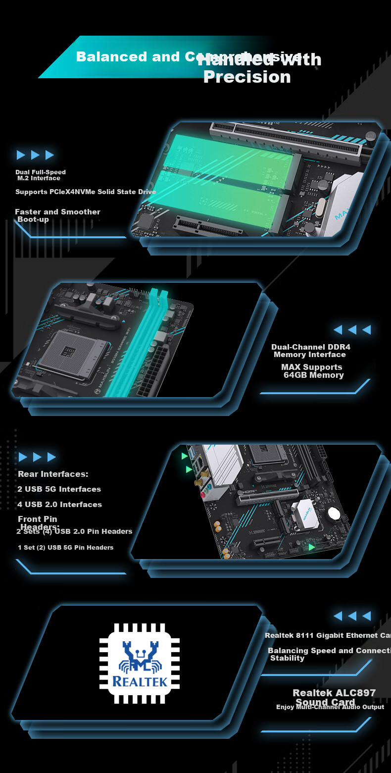 Игровая материнская плата MAXSUN MS-B550M GAMING WIFI, AM4, B550, DDR4, M.2, Wi-Fi, Bluetooth