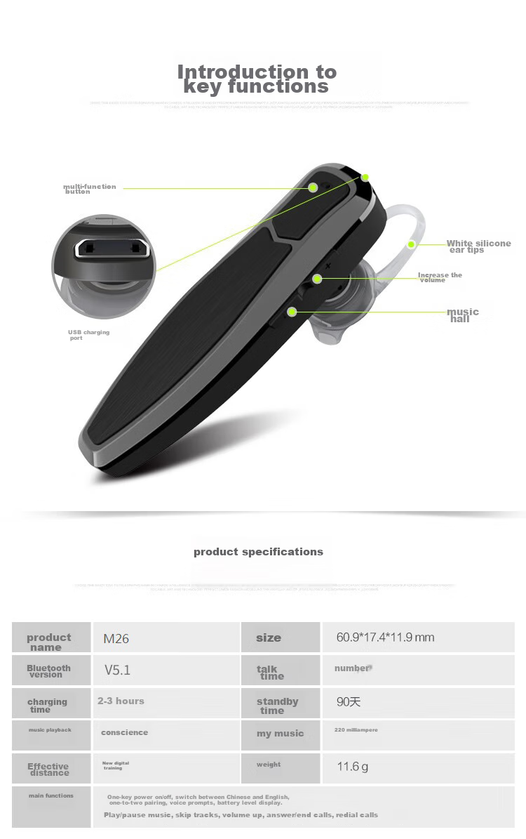 Беспроводные Bluetooth-наушники Masentek M26 для вождения, внутриканальные, с заушным креплением, для прослушивания музыки, спорта, звонков, длительное время работы от аккумулятора, совместимы с iPhone, Huawei, Xiaomi, Honor, Vivo, Oppo и другими смартфонами