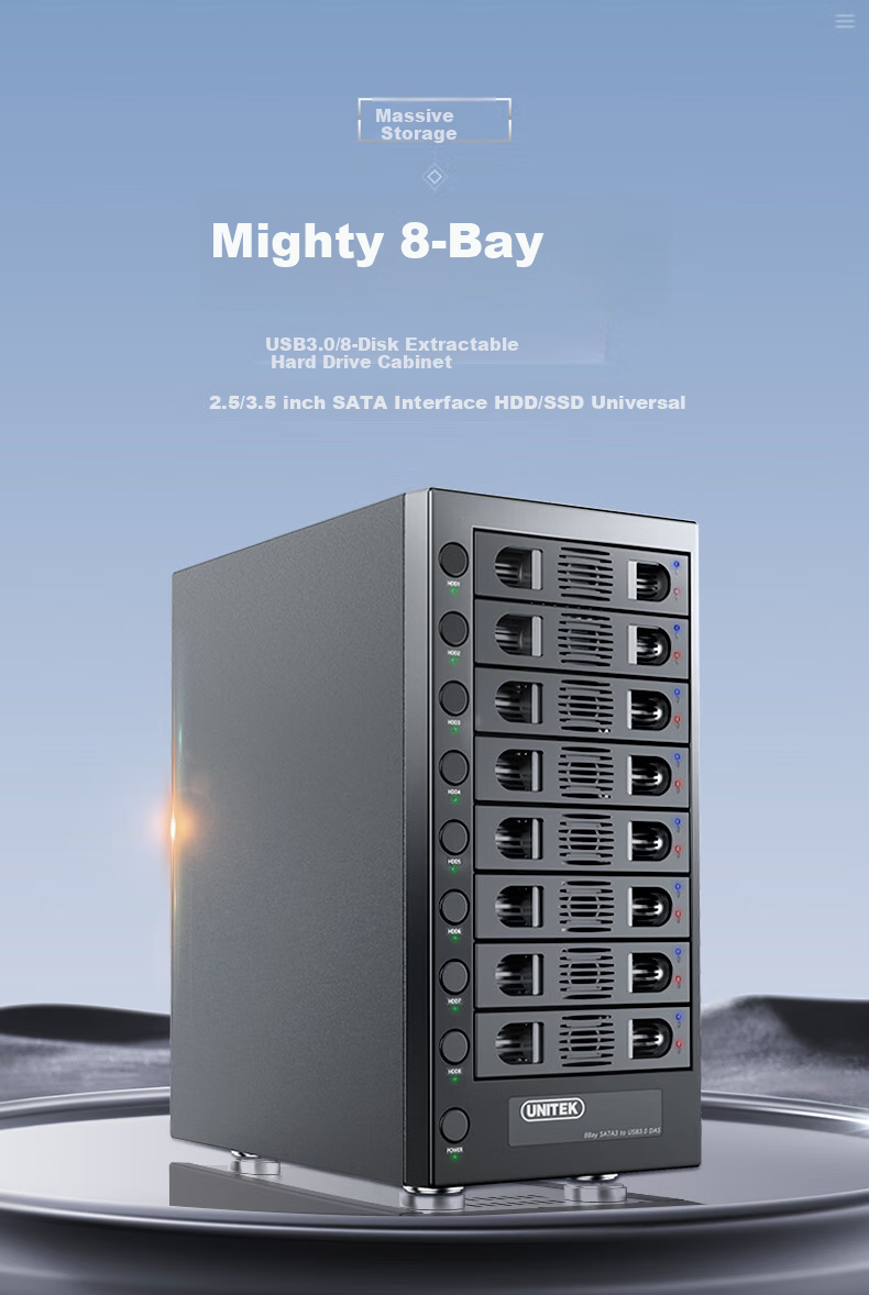UNITEK Корпус для жестких дисков, 8 отсеков, для 2.5/3.5-дюймовых SSD и HDD, внешний накопитель для компьютеров