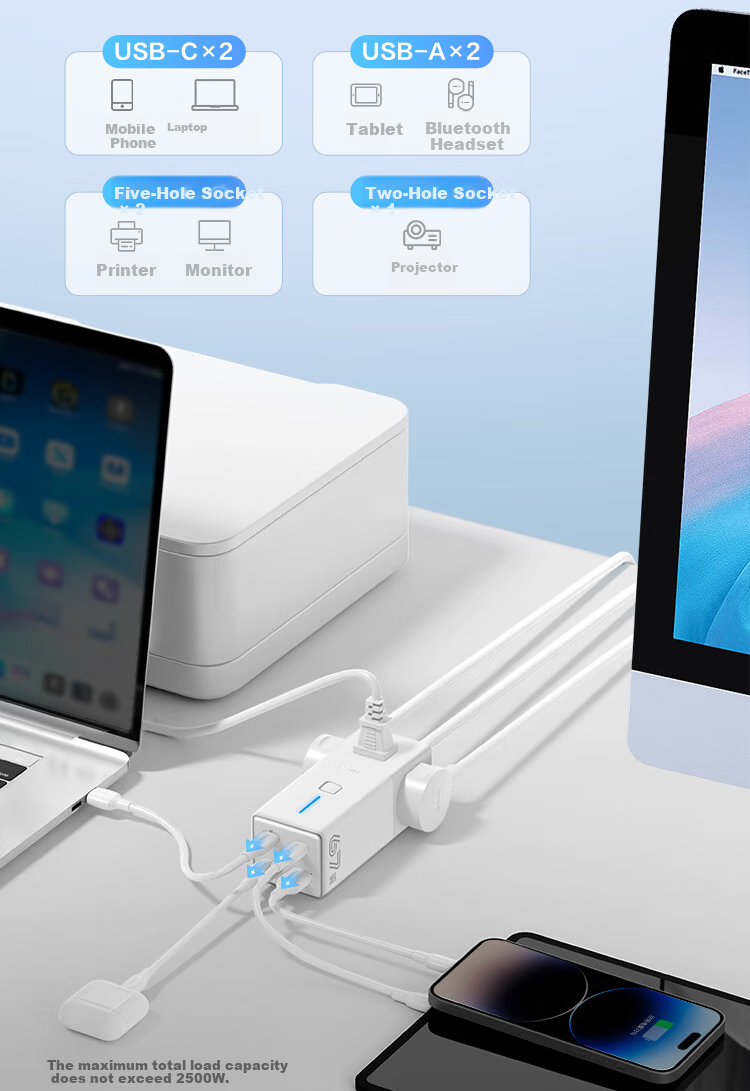 Удлинитель BULL Gallium Nitride 67W Fast Charging 3 розетки + 2 USB-C + 2 USB-A, 3 метра, белый