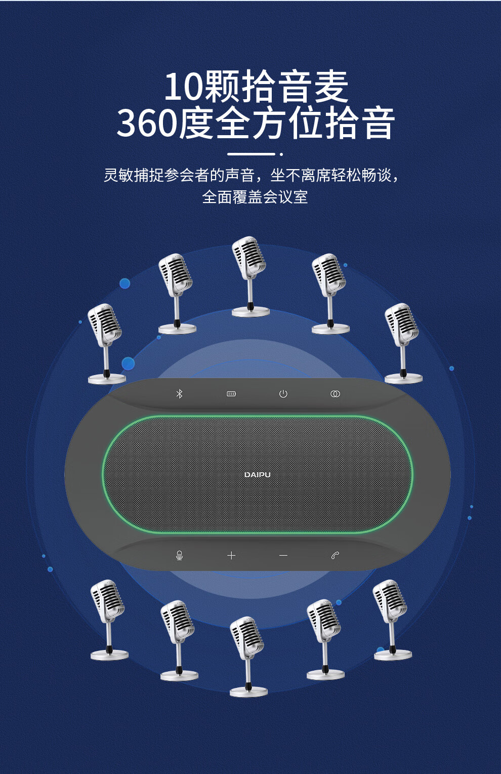 DAIPU DP-BM60 - всенаправленный микрофон для видеоконференций, 6 метров, Bluetooth, USB, 10-элементная решетка, для помещений 60 м²