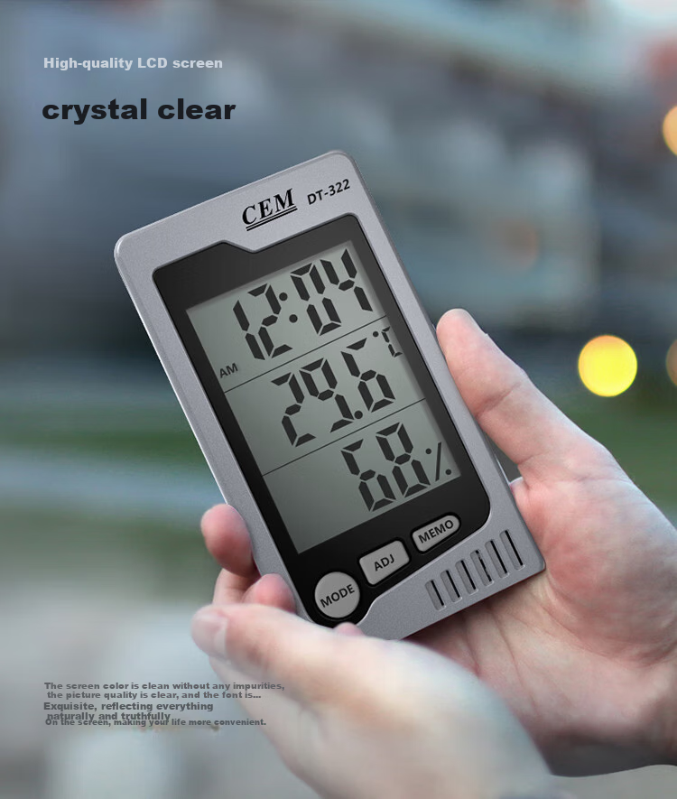 Электронный термометр-гигрометр CEM DT-322 с часами, измерение температуры и влажности в помещении и на улице, черный