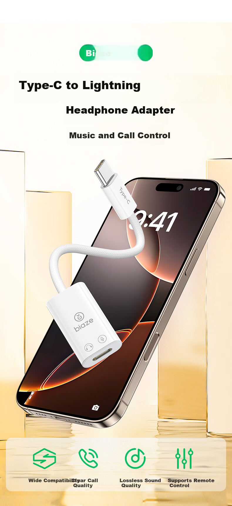 Адаптер BIAZE Type-C Male на Lightning Female для наушников, конвертер для iPhone/iPad/Pro, поддержка музыки и звонков