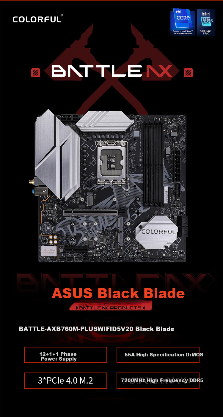Материнская плата Colorful BATTLE-AX B760M-PLUS WIFI D5 V20 DDR5 Black Blade