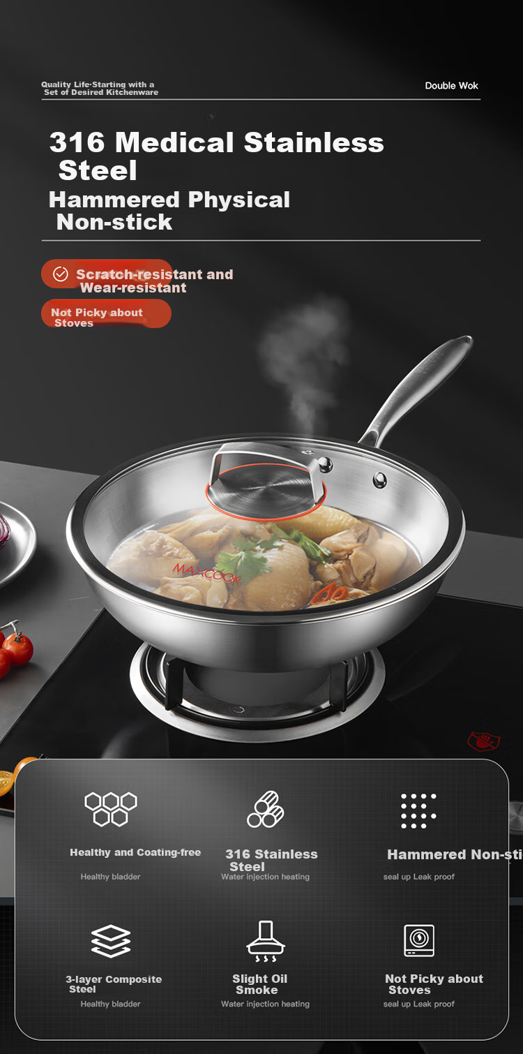Сковорода MAXCOOK MCC2072, 34 см, из нержавеющей стали 316, с крышкой, трехслойная, для индукционных и газовых плит