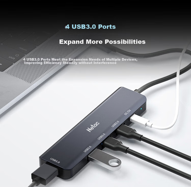 USB-хаб Netac WH21, 5 портов USB 3.0, алюминиевый сплав, серый