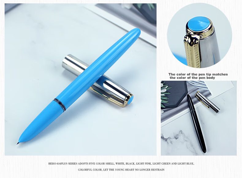 HERO Fountain Pen 616 Upgraded Student Fountain Pen, Black, Iridium Nib Ink Pen for Daily Writing And Calligraphy Practice, F Nib